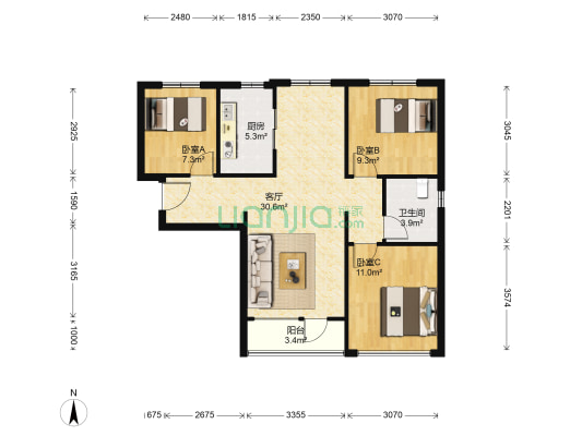 万科现在城 3室1厅1卫 96平方