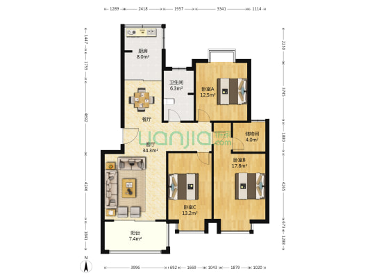 盛世豪庭(楚州区) 3室1厅1卫 125平方