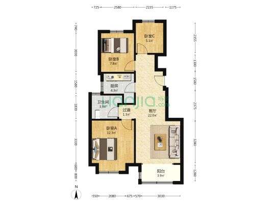 潮白河孔雀城知行园 3室1厅1卫 88平方