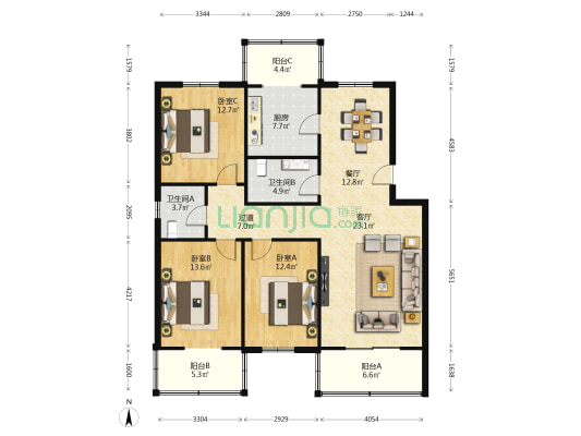 四棉和谐小区 3室2厅2卫 141平方