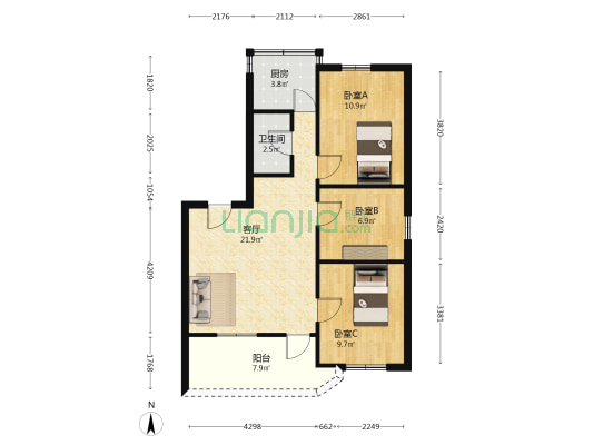 河南岸公园小区 3室1厅1卫 77平方