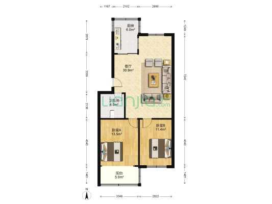 青岛中房云溪小区E 2室1厅1卫 89平方