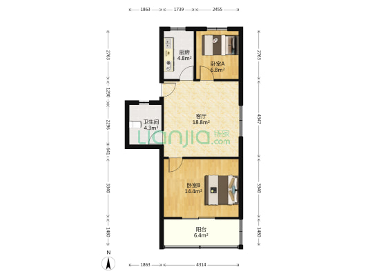 三元小区 2室1厅1卫 68平方