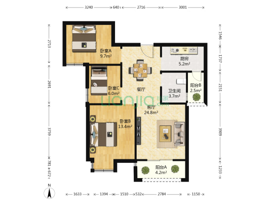 哈楼 3室1厅1卫 86平方