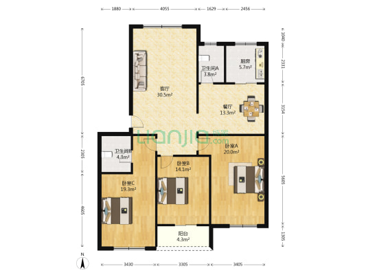 香港花园 3室2厅2卫 136平方