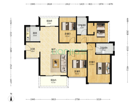 山水名成花园 4室1厅2卫 75平方