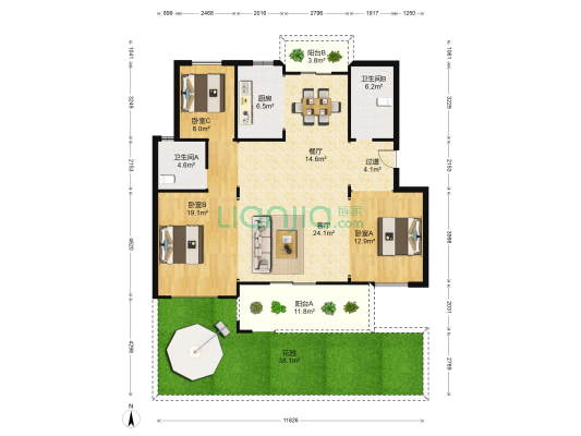 中房西郊庄园南区 3室2厅2卫 128平方