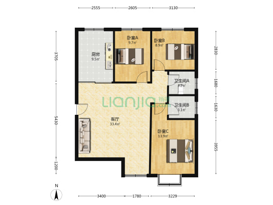 出售天保郦景 南北通透三居双卫 中装带车位-户型图