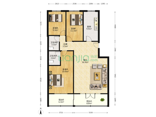 舜耕路56号 3室1厅2卫 138平方
