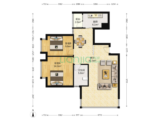 楠郡A区 2室1厅1卫 87平方