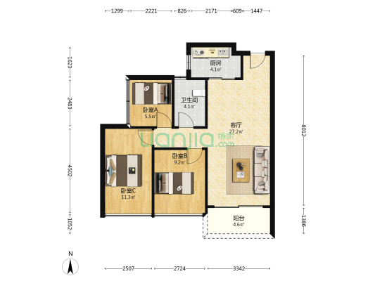 华以泰·清远花海湾花园 3室1厅1卫 87平方