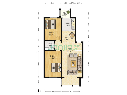 蓝调倾城 2室2厅1卫 91平方