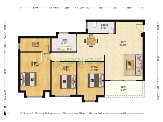 银城居 3室1厅1卫 135平方
