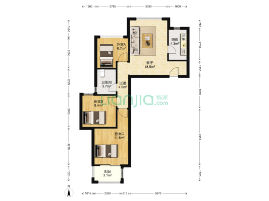 五龙新城香逸园 3室1厅1卫 88平方