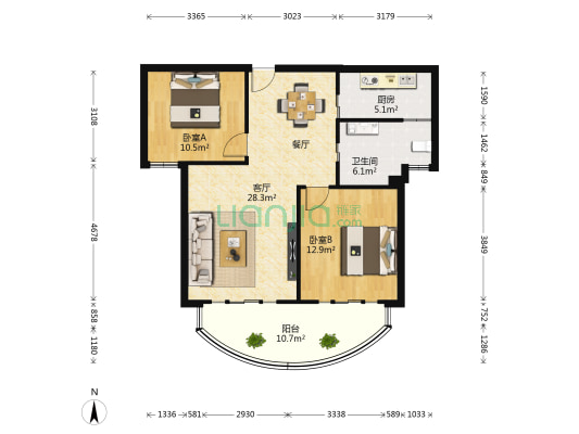 水印都市 2室1厅1卫 92平方