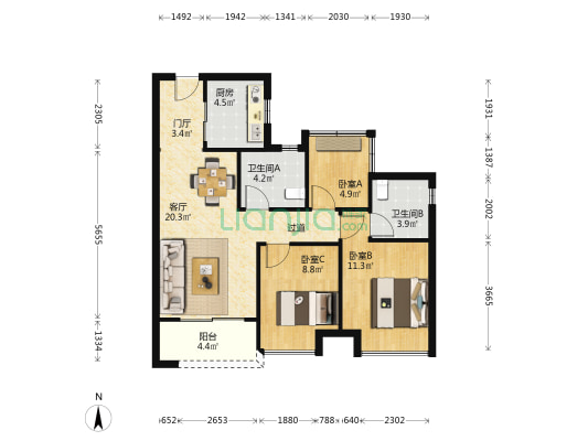 融创半岛壹号 3室1厅2卫 85平方