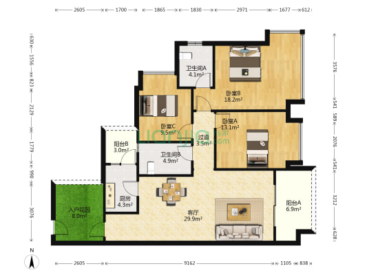 南城锦地 3室1厅2卫 119平方