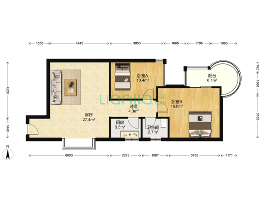 自由自宅 2室1厅1卫 93平方