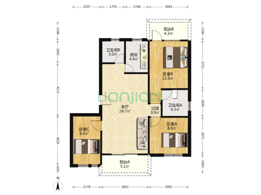 天马城 3室1厅2卫 91平方