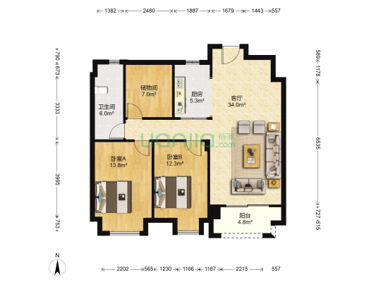 姚景花园 2室1厅1卫 107平方