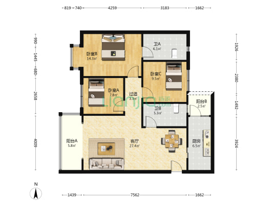 正荣馨园 3室1厅2卫 100平方