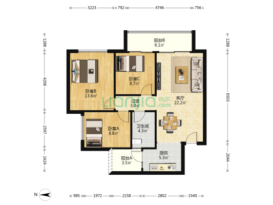 绿地万萃城A组团 3室1厅1卫 93平方