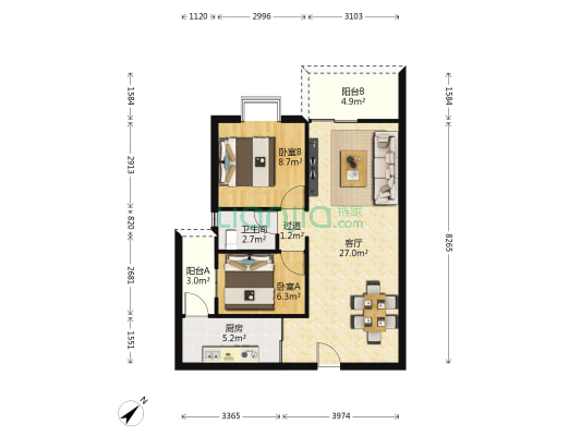 玖悦 2室1厅1卫 88平方