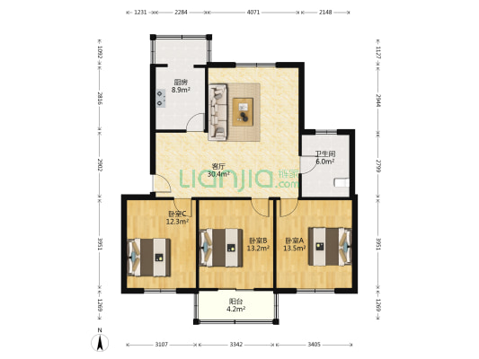 百合花园 3室1厅1卫 108平方