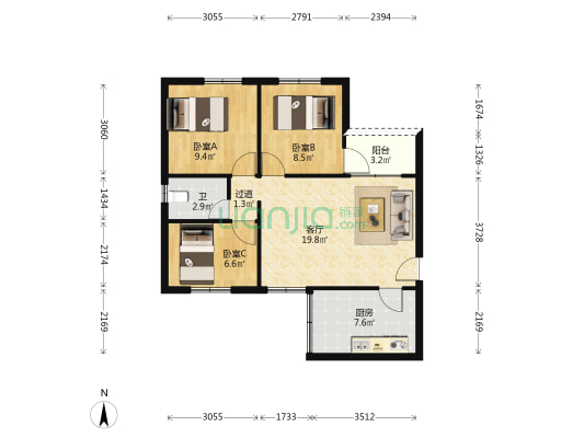 怡和花园 3室1厅1卫 68平方