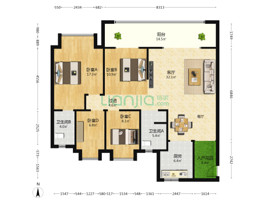 襄阳招商雍江府 4室1厅2卫 141平方