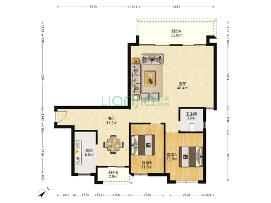 保利公园麓屿拾光 2室2厅1卫 126平方