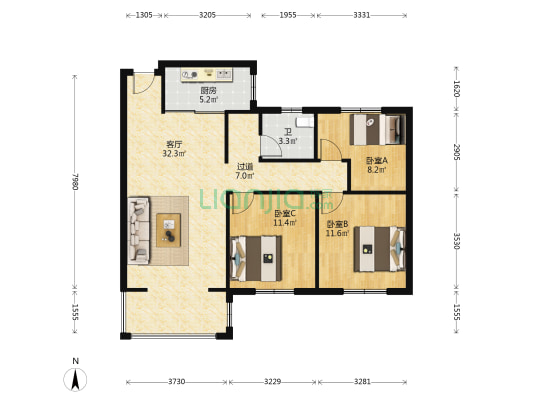 怡景学府苑 3室1厅1卫 110平方