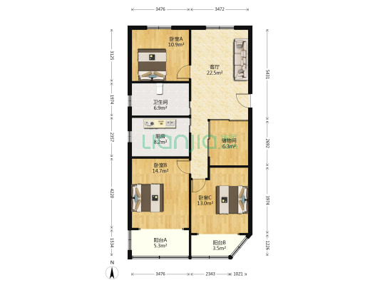 鼎达公寓 3室1厅1卫 109平方