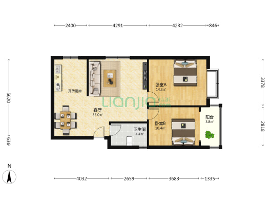 时代名居 2室1厅1卫 91平方