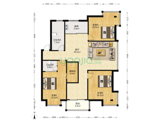 万家花苑 3室1厅2卫 128平方