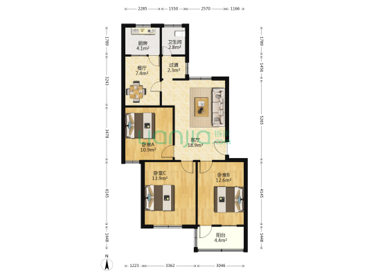 法院宿舍楼 3室2厅1卫 88平方