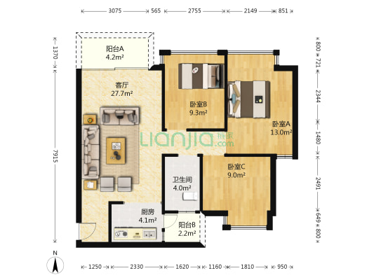 德丰·五月花花园 3室1厅1卫 88平方