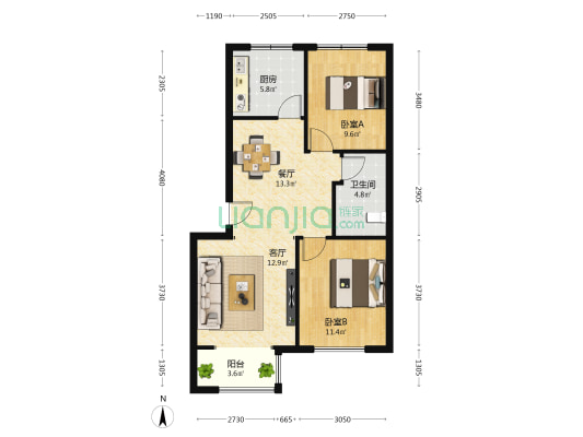 馨视界花城A区 2室2厅1卫 88平方