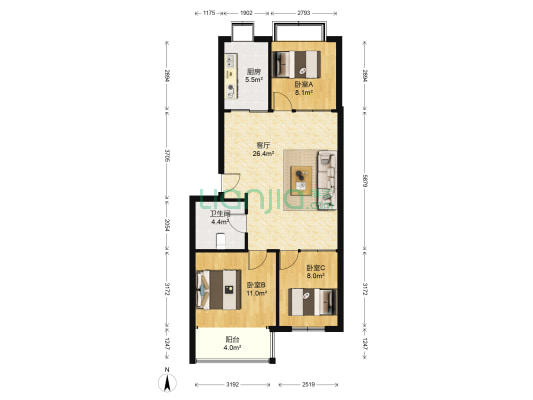 下曲家 3室1厅1卫 89平方