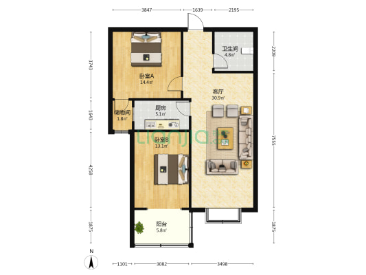 兴业苑 2室1厅1卫 102平方