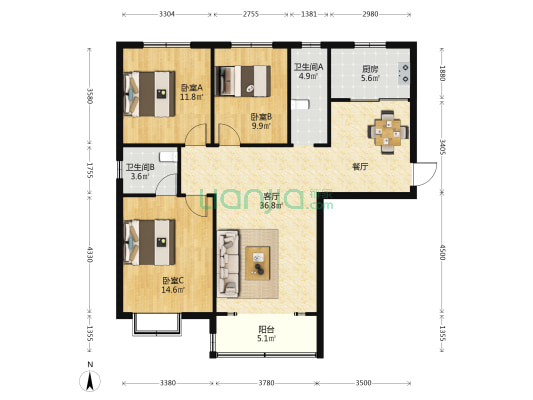 潍亭府 3室1厅2卫 126平方
