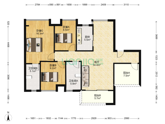保利玥府 3室1厅2卫 128平方