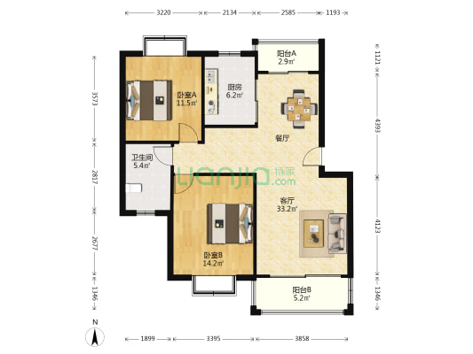 海立华亭(公寓) 2室1厅1卫 91平方
