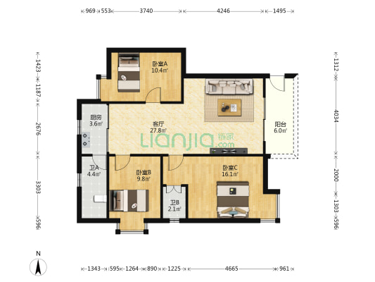 欣喜楼 3室1厅2卫 93平方