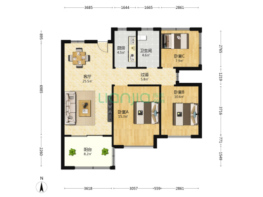 佳丰·京艺湾 3室1厅1卫 91平方