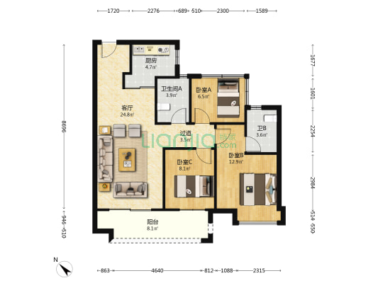 聚龙天誉湾三期 3室1厅2卫 95平方