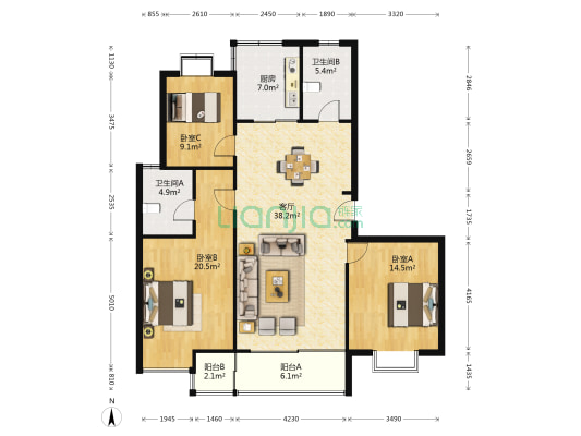 1+1城中城 3室1厅2卫 137平方