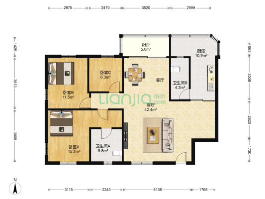 富华园 3室1厅2卫 115平方