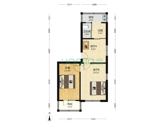 铸研小区 1室2厅1卫 55平方
