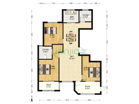 赞成 · 香林 3室1厅2卫 117平方